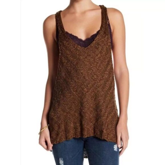 Free People Chevron Sweater Tank Size‎ M Brown Knit Cotton Relaxed Slouchy Boho - Picture 1 of 12